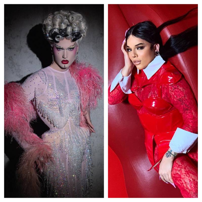 Collage de dos drags muy maquilladas, la primera conmucha sombra vestida con un traje de brillos blanco y rosa, la otra vestida con un traje rojo con detalles blancos