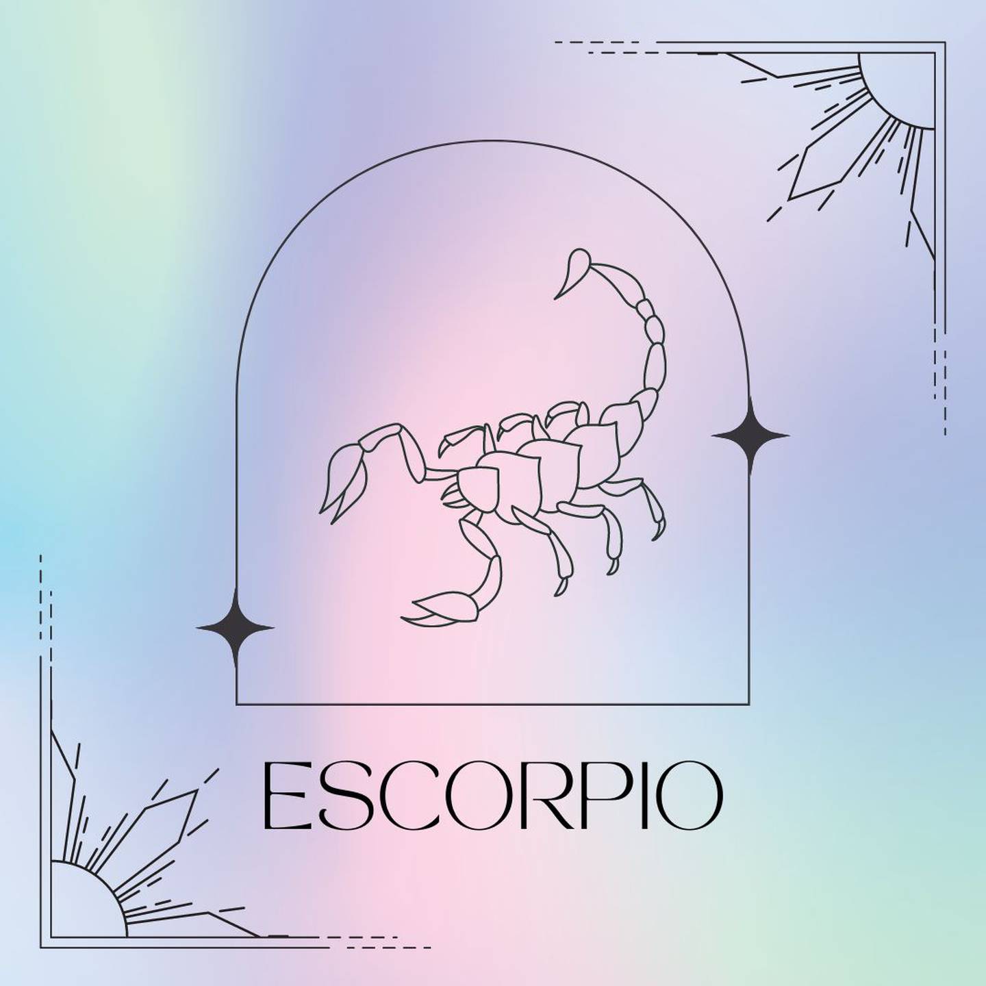 Dibujado en negro, el símbolo de Escorpio aparece enmarcado sobre un fondo de suaves colores pastel.