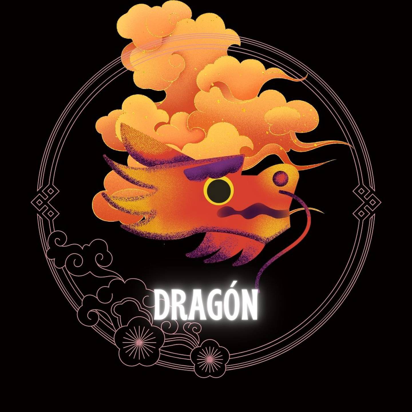 Caricatura de un dragón sobre un fondo negro, con motivos decorativos orientales dorados con forma de nube y círculo, que enmarcan el signo. Abajo del dibujo aparece la palabra dragón.