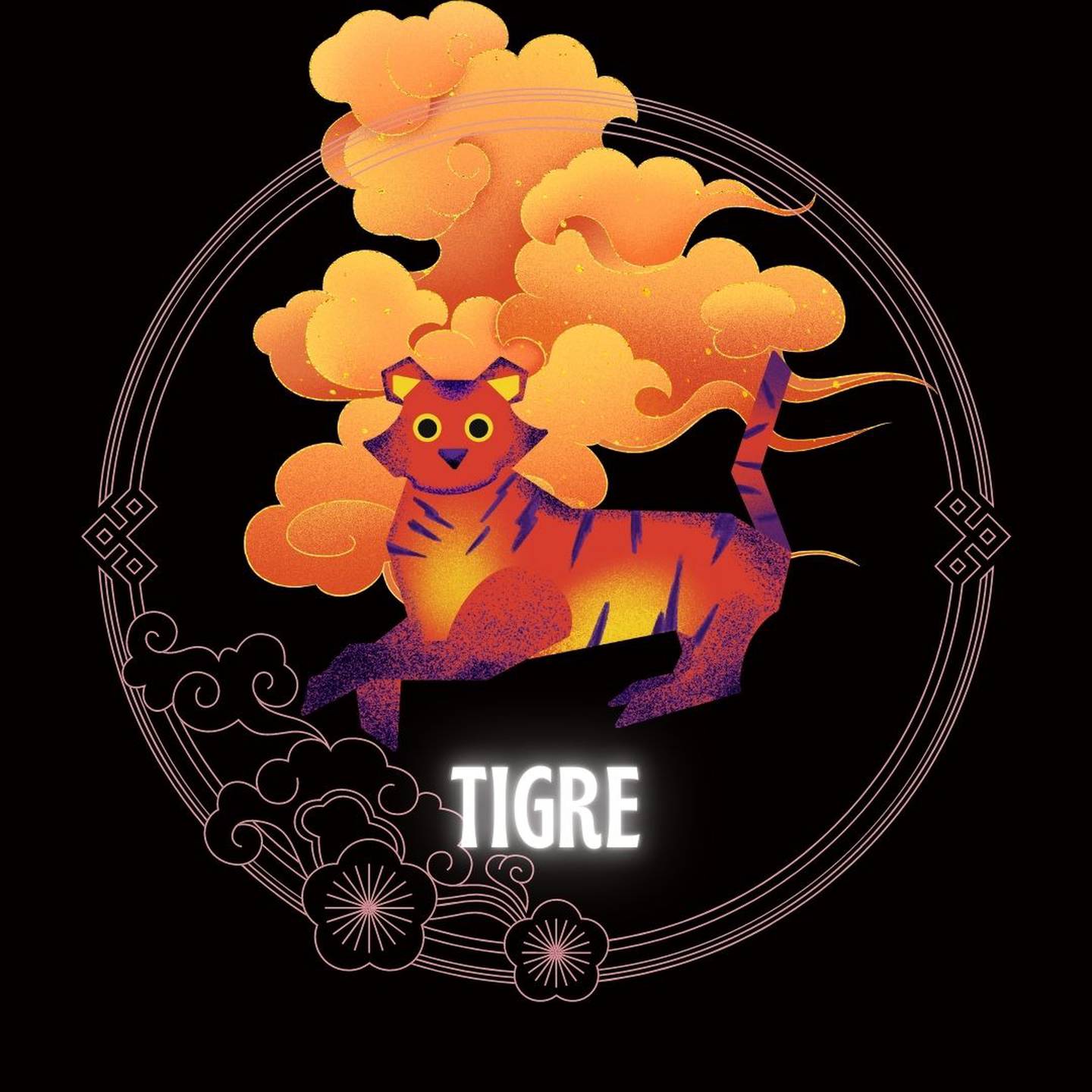 Caricatura de un tigre sobre un fondo negro, con motivos decorativos orientales dorados con forma de nube y círculo, que enmarcan el signo. Abajo del dibujo aparece la palabra tigre.