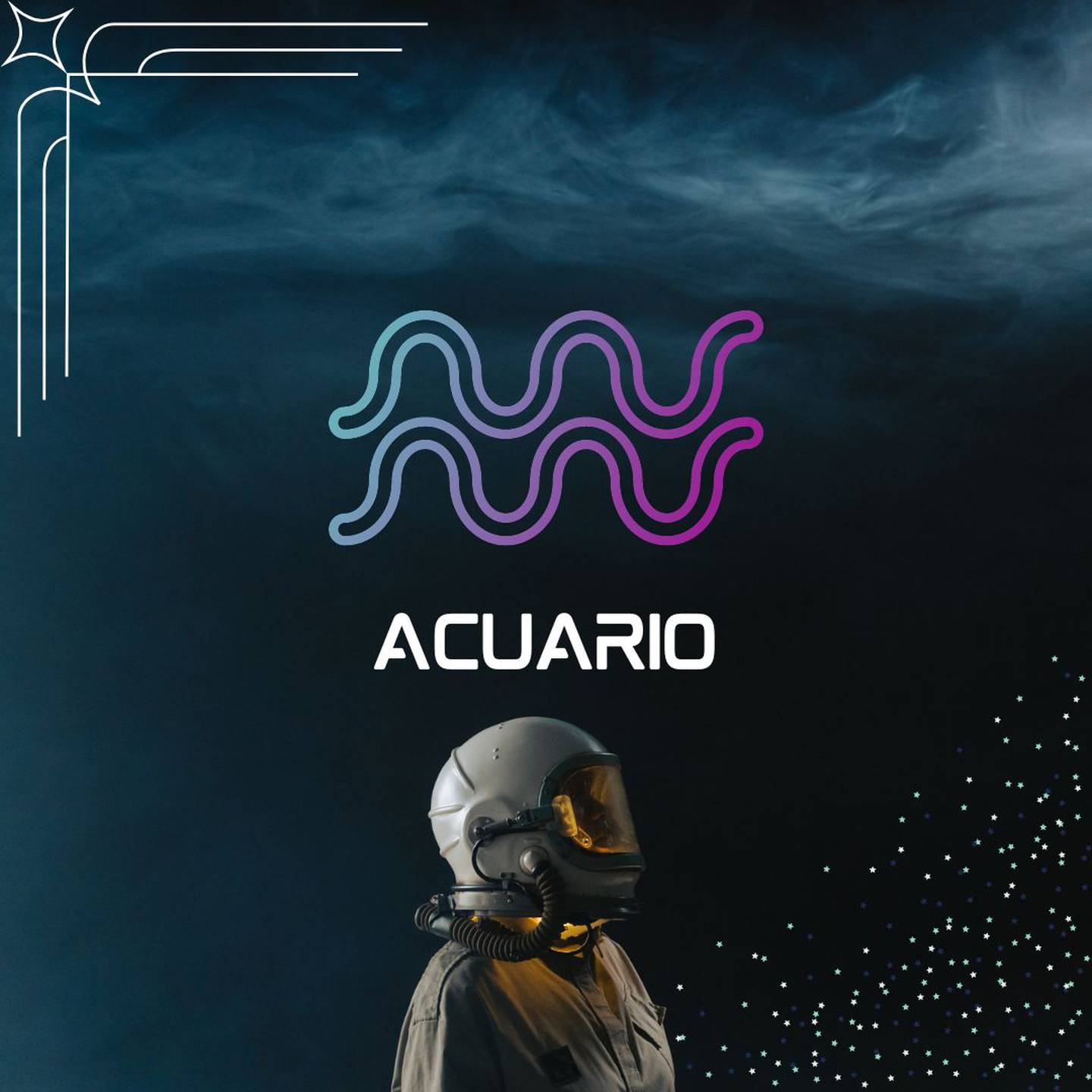 Sobre un fondo oscuro, con humo en la parte superior, aparece el símbolo de Acuario. Al centro aparece el nombre del signo en color blanco y todavía más abajo, un astronauta está mirando hacia la derecha.