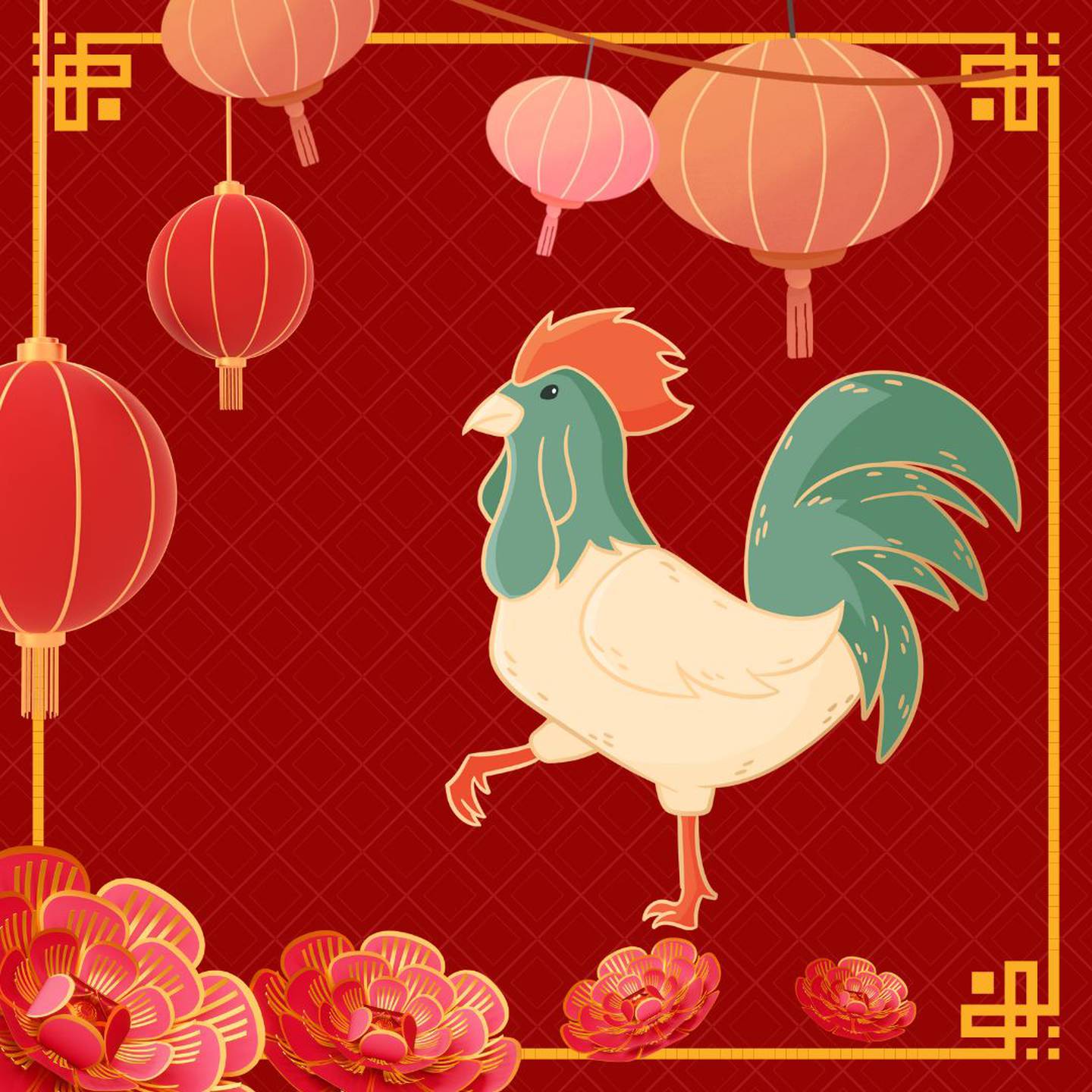 Caricatura de un gallo sobre un fondo rojo con motivos orientales.