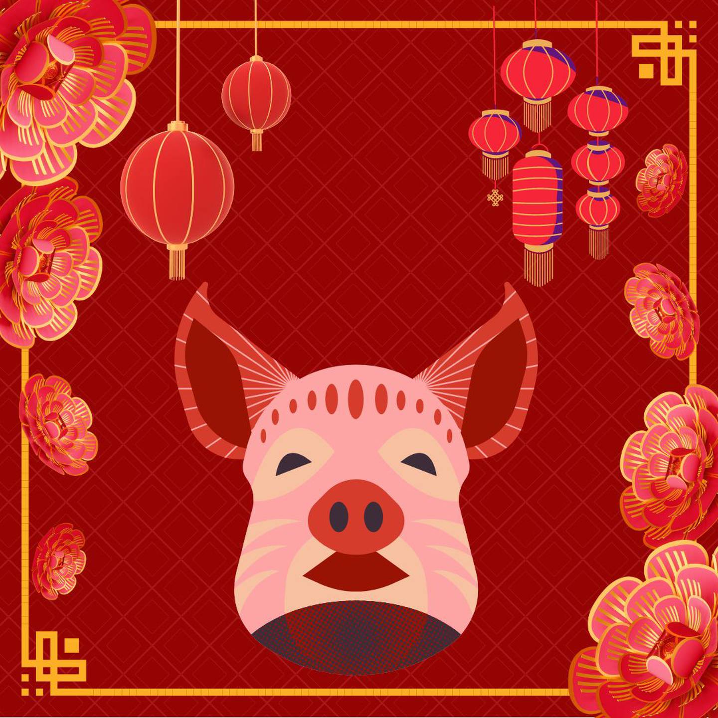 Caricatura de un cerdo sobre un fondo rojo con motivos decorativos orientales
