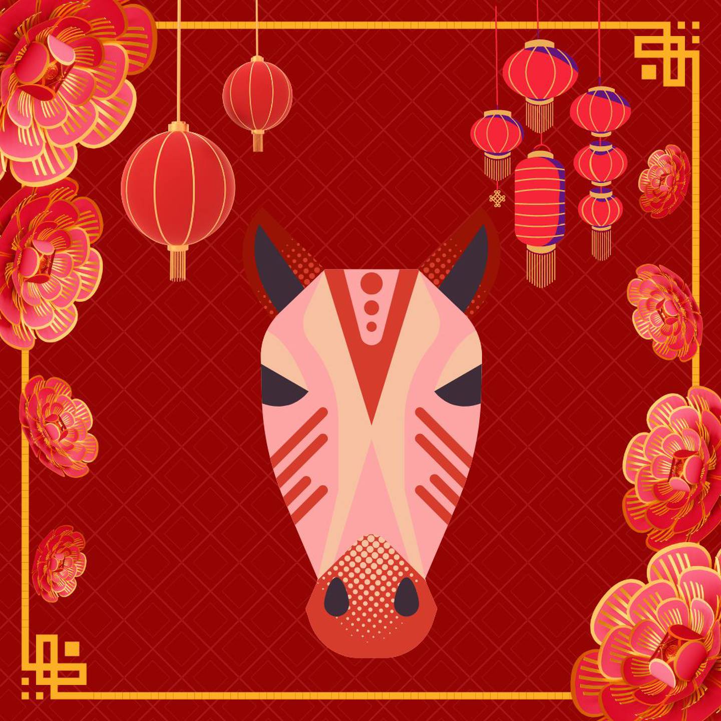 Caricatura de la cabeza de un caballo sobre un fondo rojo con motivos decorativos orientales.