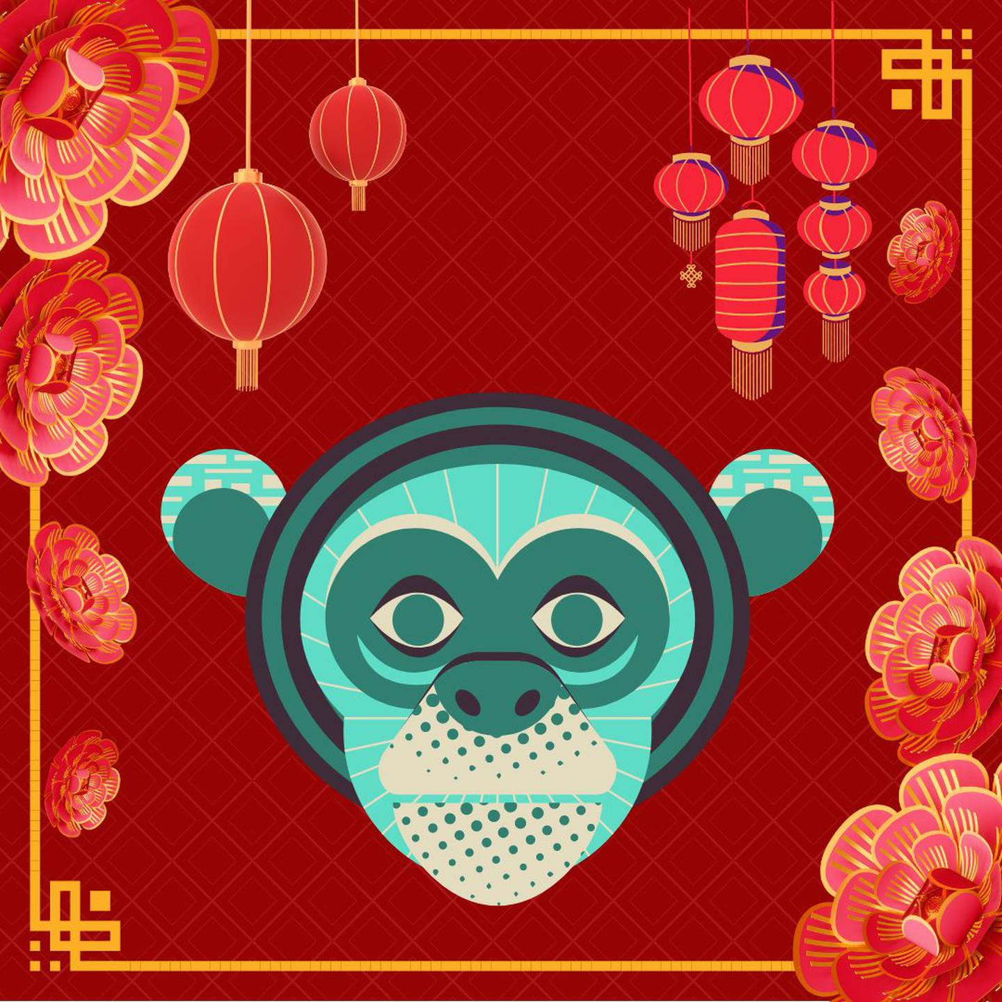 Caricatura de la cara de un mono sobre un fondo rojo con motivos decorativos orientales