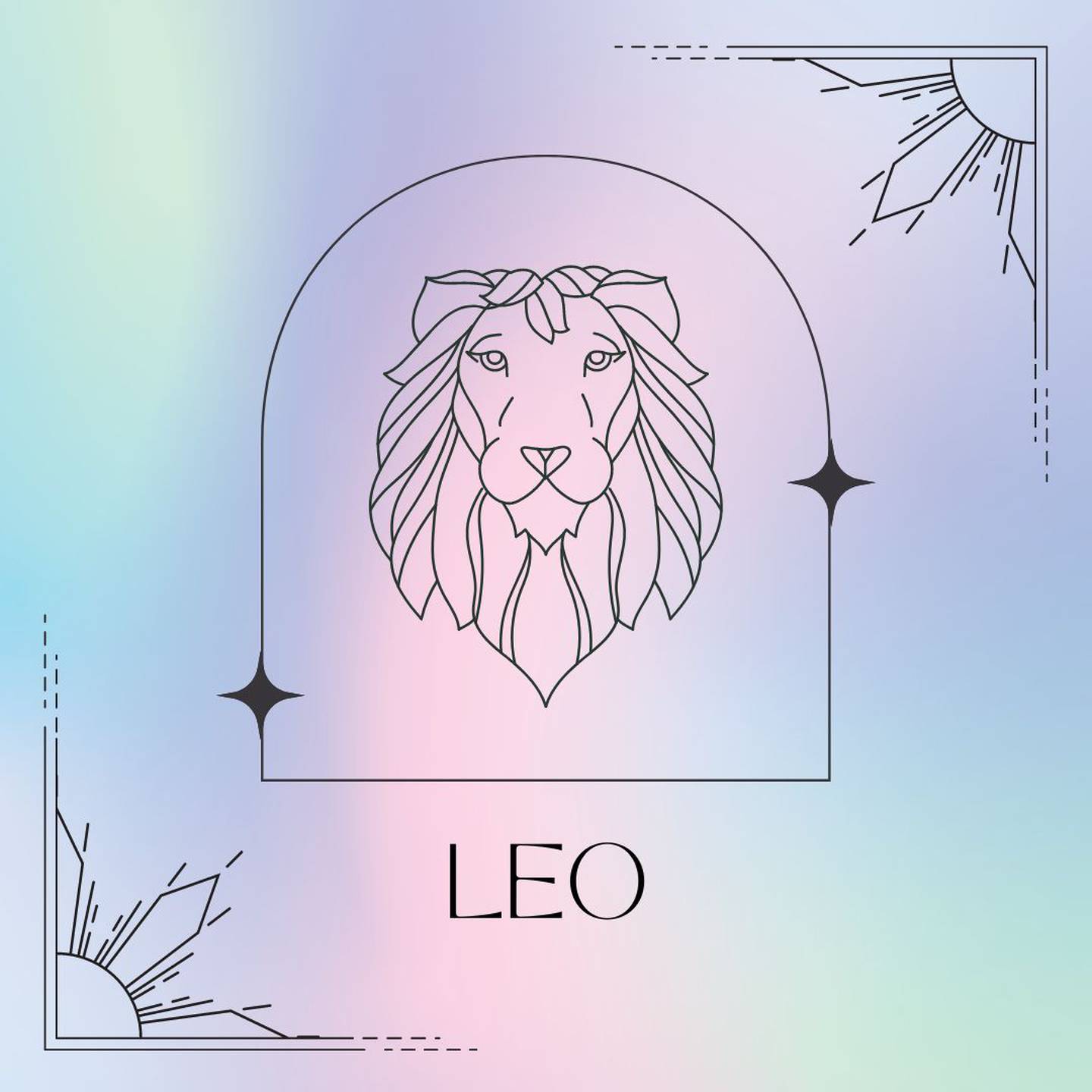 Dibujado en negro, el símbolo de Leo aparece enmarcado sobre un fondo de suaves colores pastel.