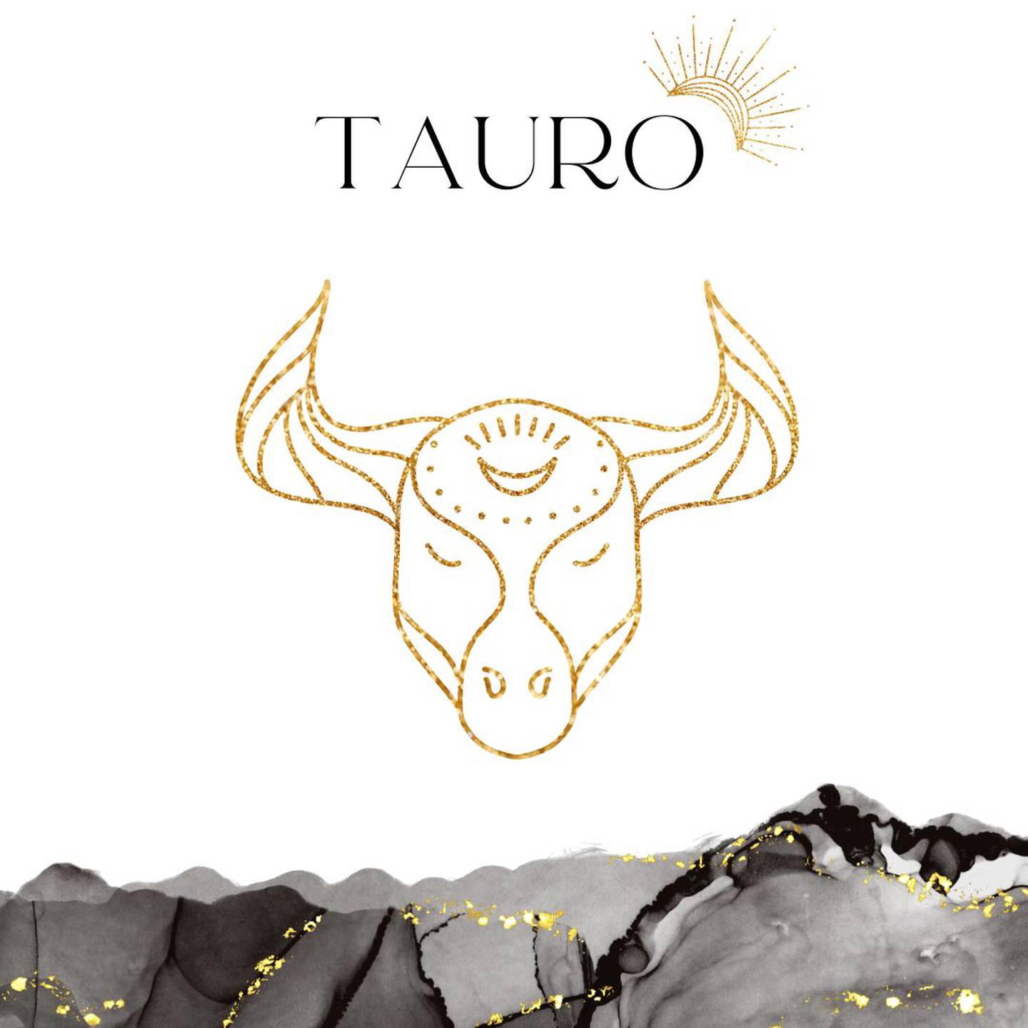 Palabra 'TAURO' en letras grandes y negras en el centro. Debajo, símbolo del signo de Tauro: un toro dorado.