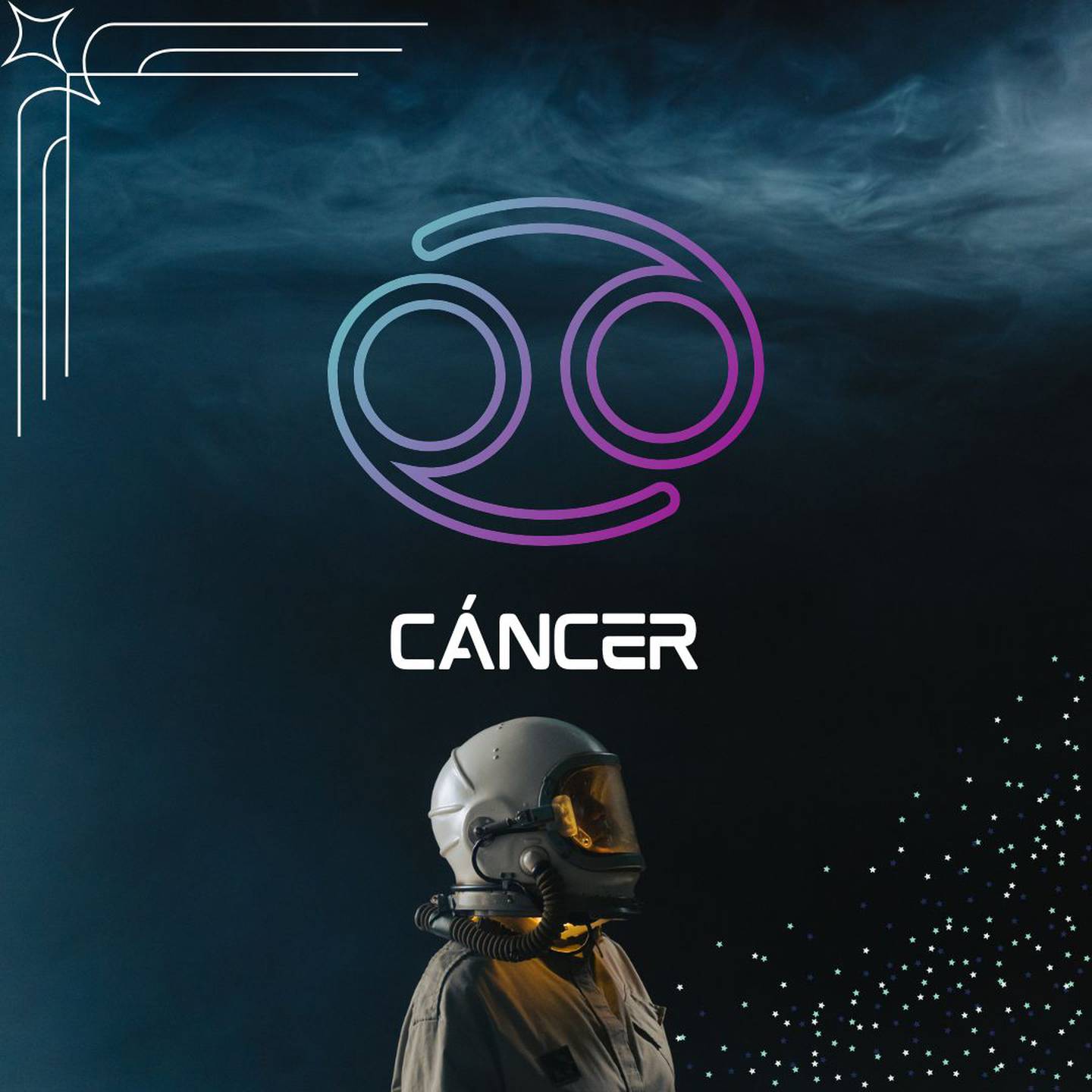 Sobre un fondo oscuro, con humo en la parte superior, aparece el símbolo de Cáncer. Al centro aparece el nombre del signo en color blanco y todavía más abajo, un astronauta está mirando hacia la derecha.