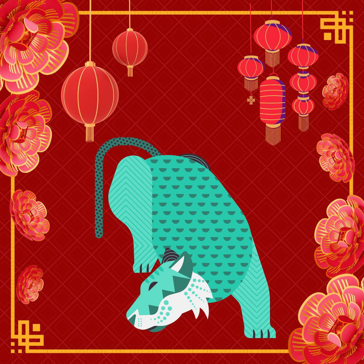 Caricatura de un tigre sobre un fondo rojo con motivos decorativos orientales