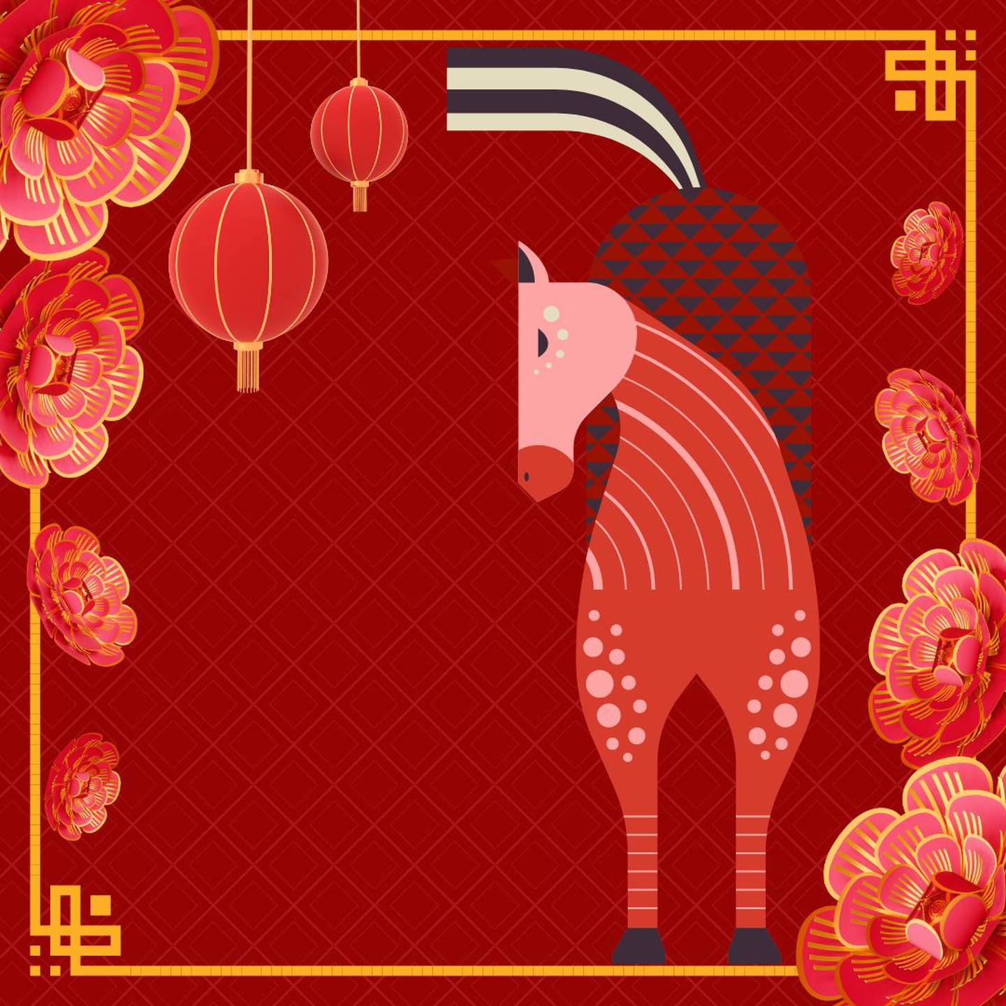 Imagen de la caricatura de un caballo sobre un fondo rojo, decorado con motivos orientales.