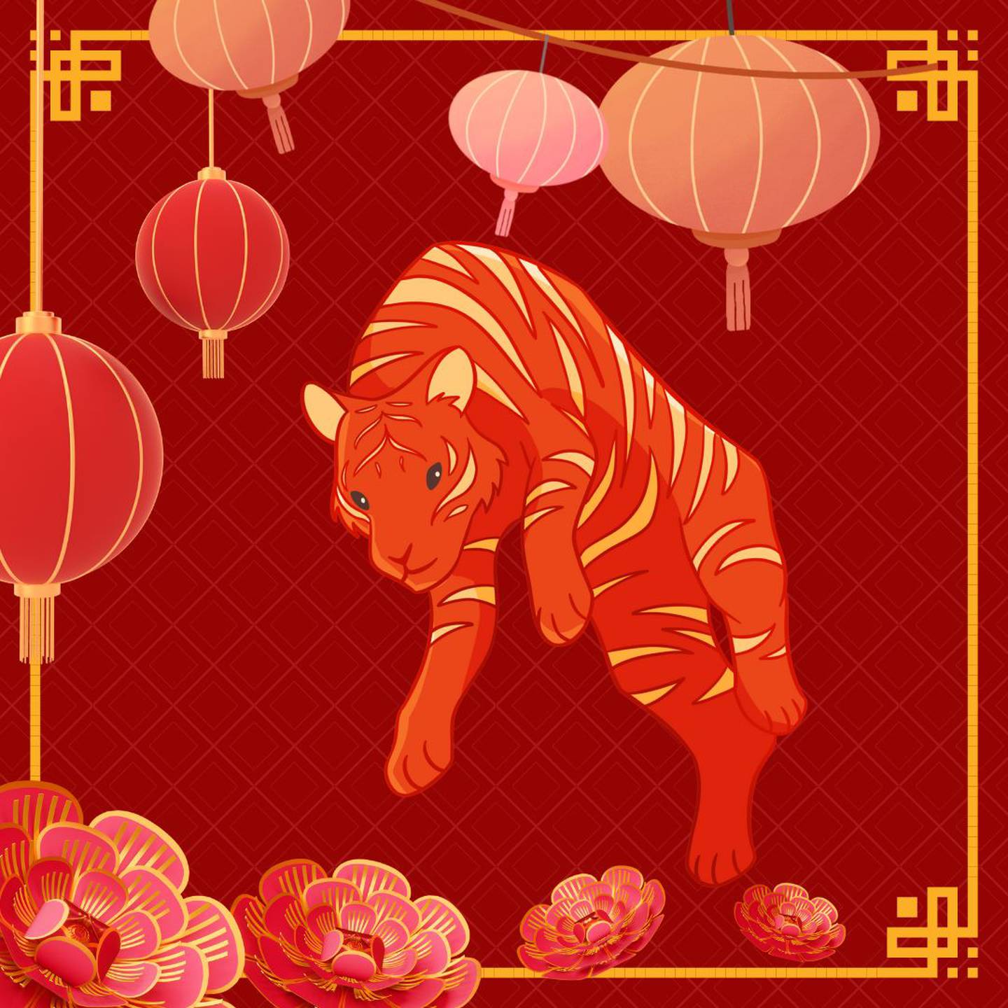 Caricatura de un tigre sobre un fondo rojo con motivos orientales