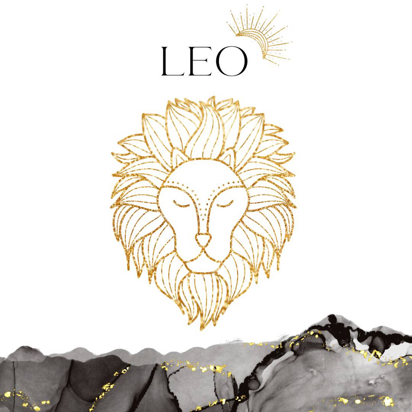 Palabra 'LEO' en letras grandes y negrasen el centro. Debajo, símbolo del signo de Leo: la cabeza de un león dorado.