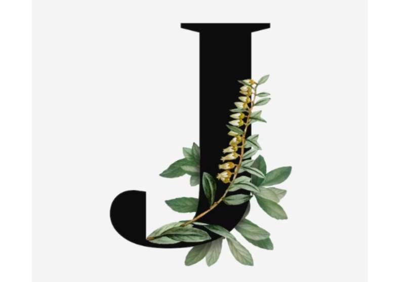 Letra J decorada con motivos florales de acuarela, sobre un fondo color ahuesado.