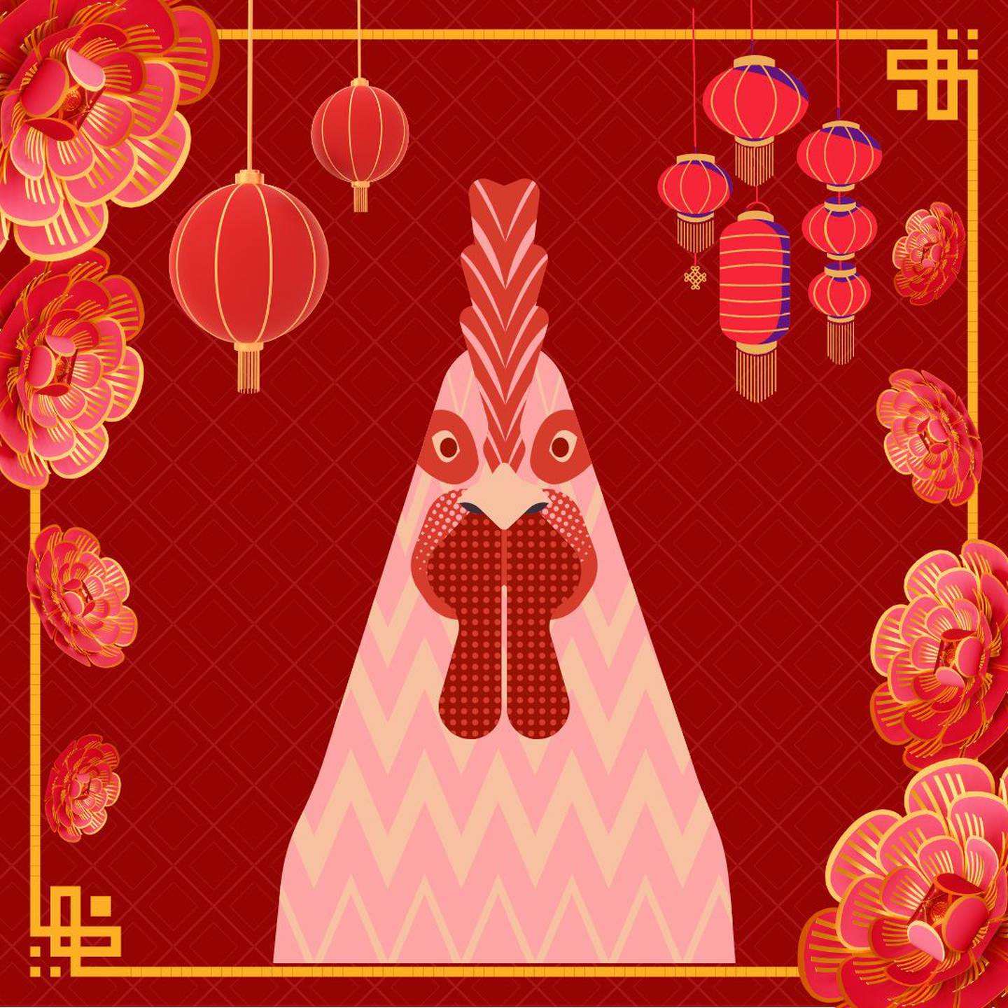 Imagen de la caricatura de un gallo sobre un fondo rojo, decorado con motivos orientales.