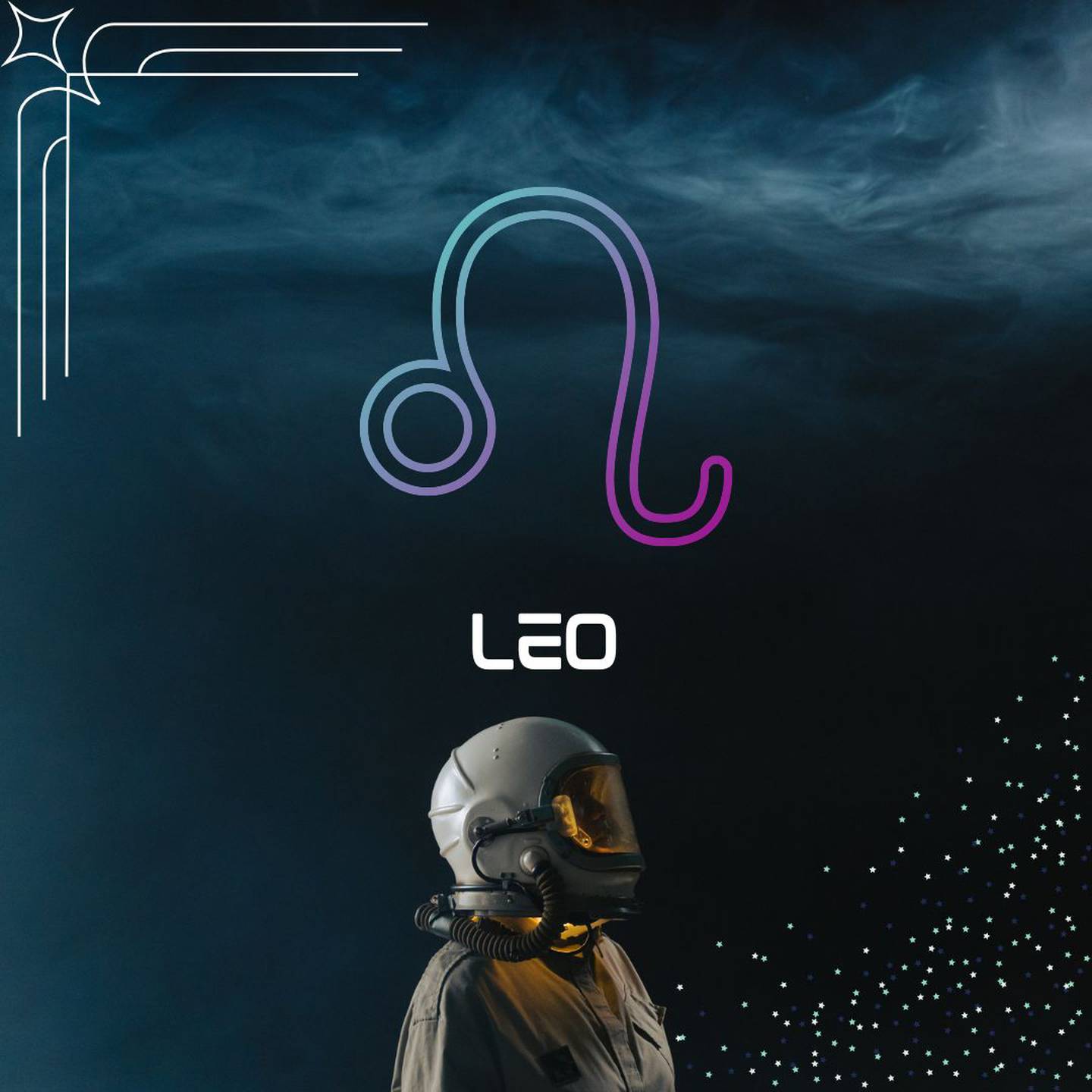 Sobre un fondo oscuro, con humo en la parte superior, aparece el símbolo de Leo. Al centro aparece el nombre del signo en color blanco y todavía más abajo, un astronauta está mirando hacia la derecha.