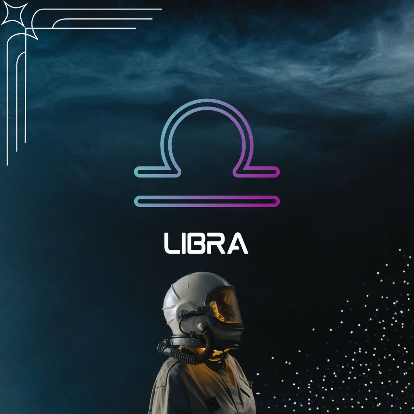 Sobre un fondo oscuro, con humo en la parte superior, aparece el símbolo de Libra. Al centro aparece el nombre del signo en color blanco y todavía más abajo, un astronauta está mirando hacia la derecha.