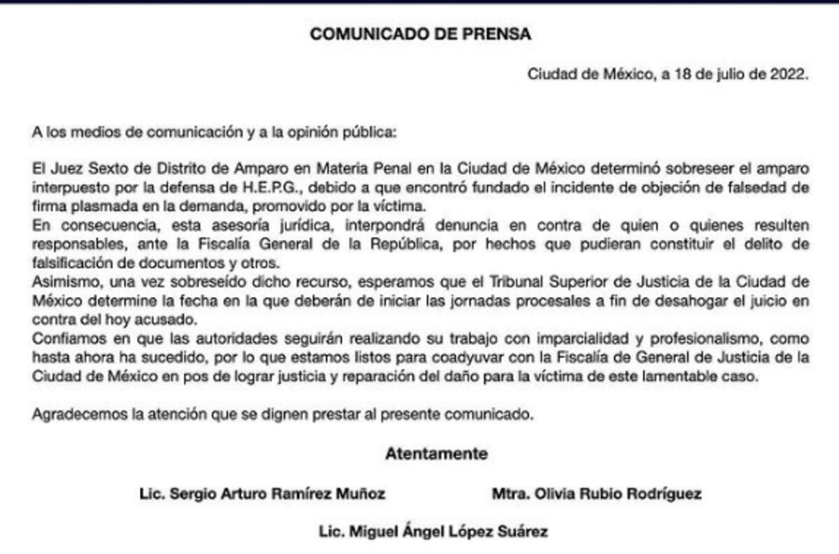 Suspenden amparo a favor del actor Héctor Parra por falsedad de firma