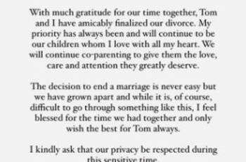 Gisele Bündchen y Tom Brady anuncian su divorcio con una pacífica declaración
