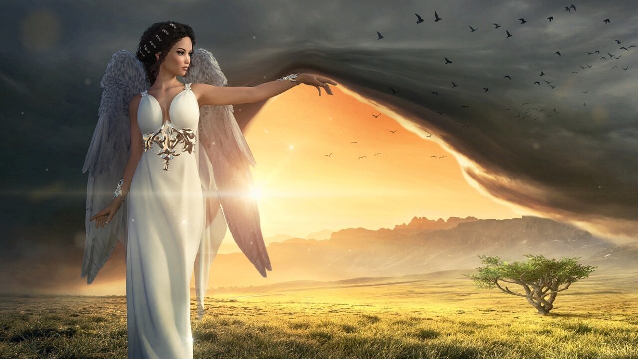 Un ángel de apariencia femenina levanta las nubes de un día gris y deja pasar el sol (Ilustración)