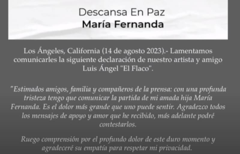 Fragmento del comunicado por el deceso de la hija de 21 años de Luis Ángel "El Flaco".