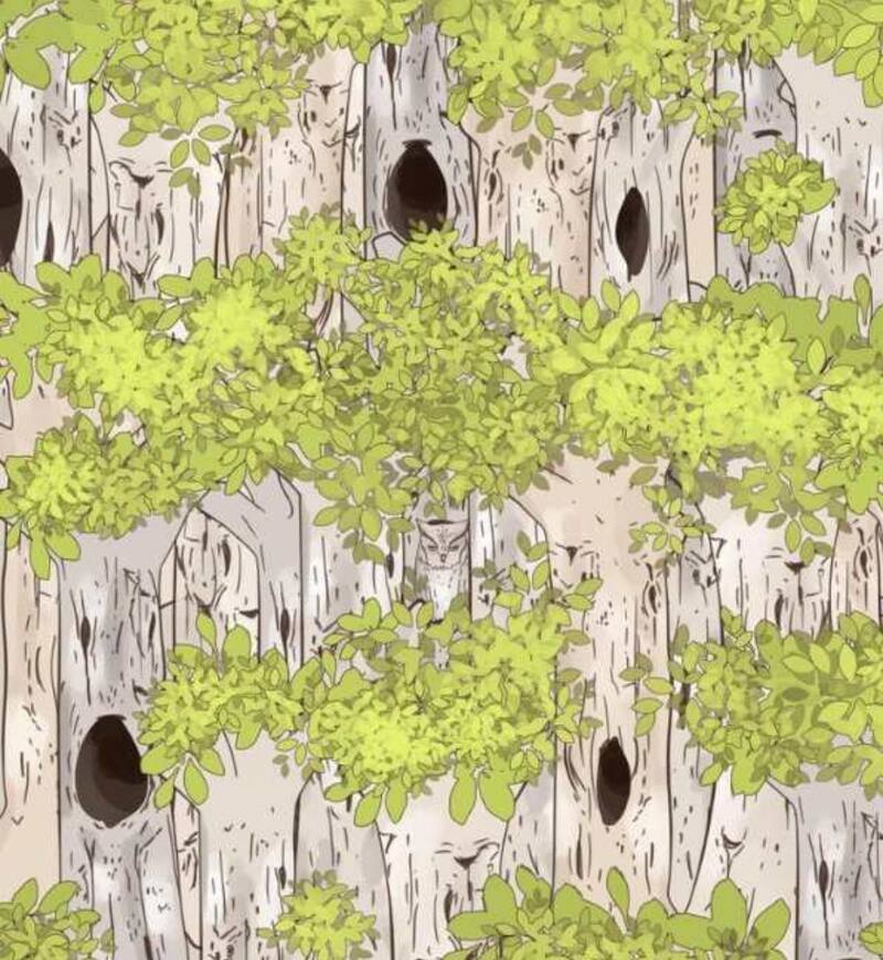 Encuentra al búho oculto entre los arboles.