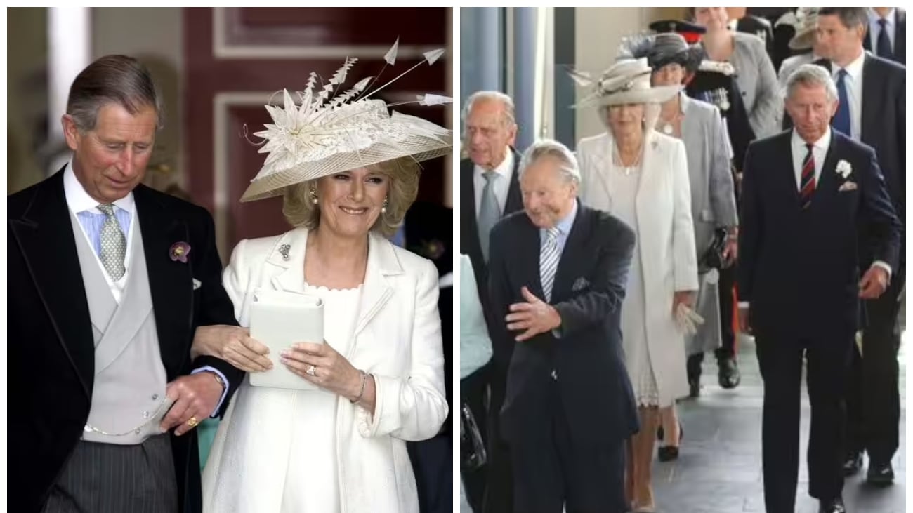 Collage. A la izquierda, la reina Camila con el rey Carlos en el día de su matrimonio. A la derecha, la reina Camila vestida de blanco en la Asamblea Nacional de Gales de 2007.