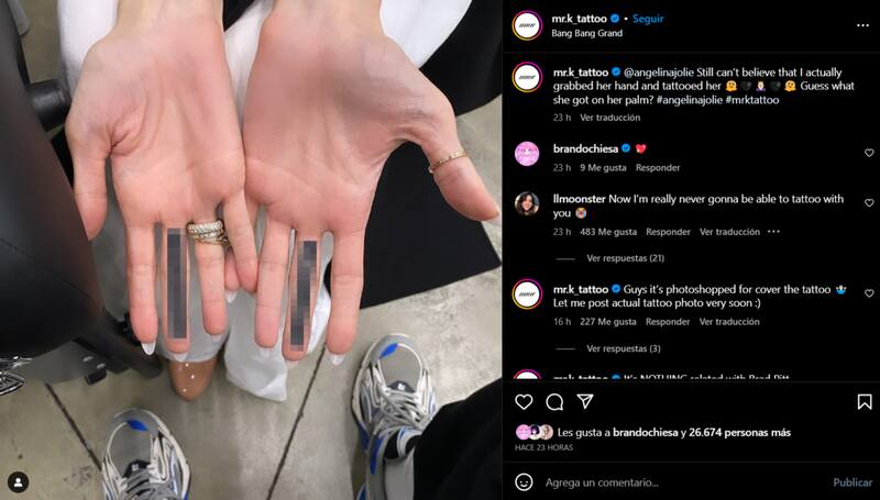 El tatuador instó a sus seguidores a adivinar de qué se trata el diseño de los dedos medios de Angelina.