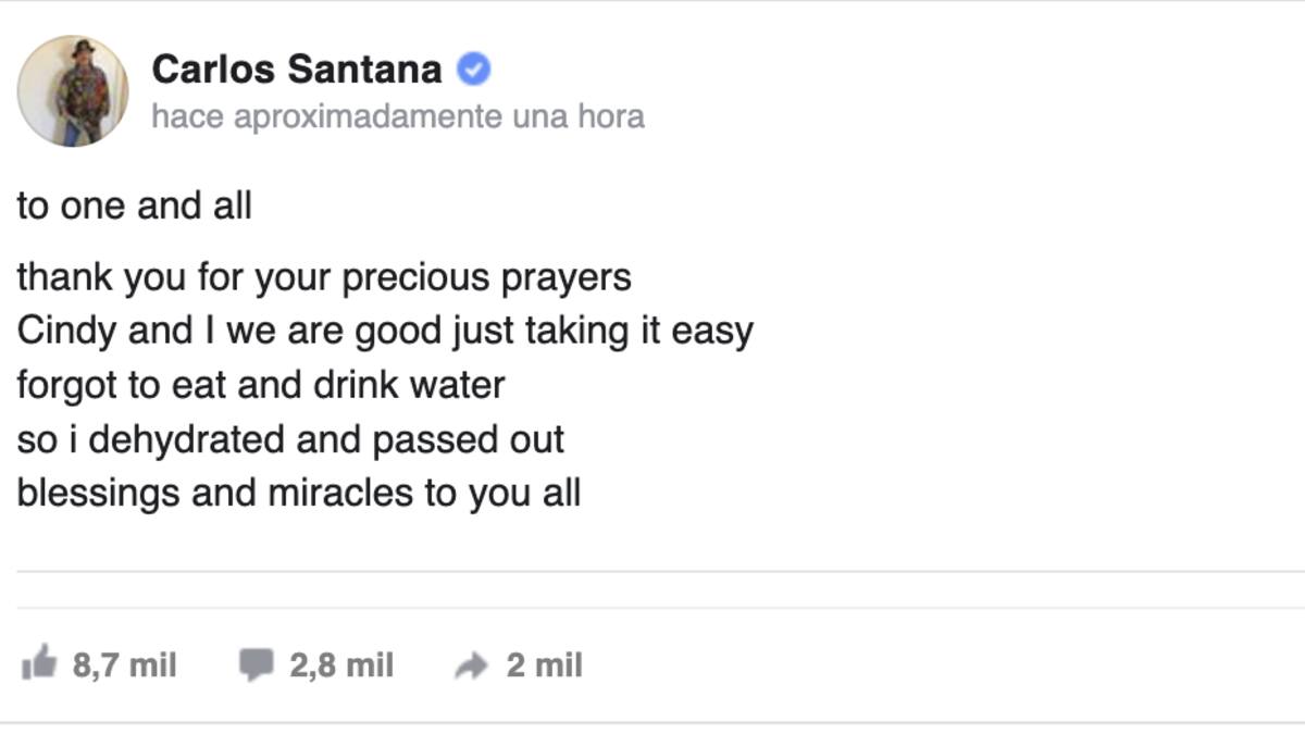 Carlos Santana colapsa en pleno escenario y él mismo aclara a qué se debió su desmayo