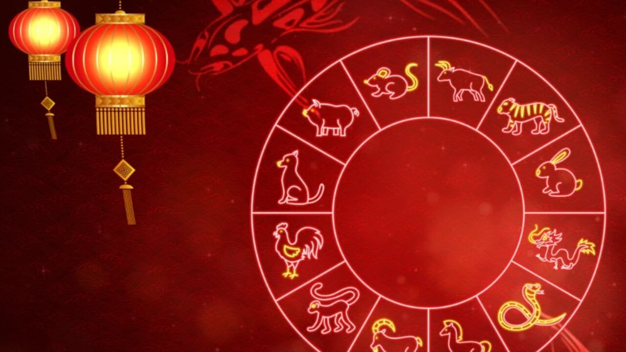 Rueda de los 12 signos de la astrología china sobre un fondo rojo. Al expremo superior izquierdo el dibujo de lámparas chinas.