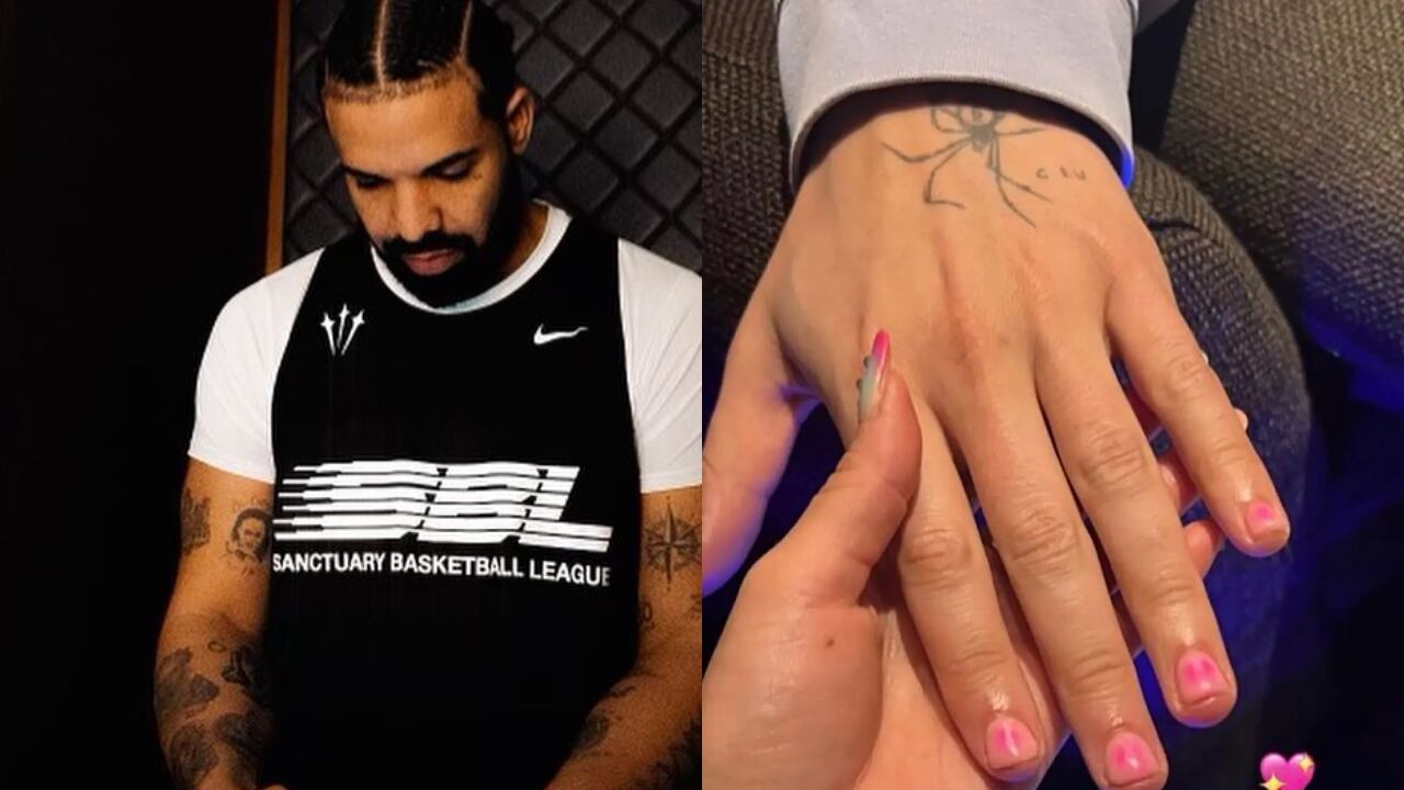 Collage. A la izquierda aparece Drake, sentado de frente, mirando su celular, a la derecha aparece la mano de drake con las uñas pintadas.