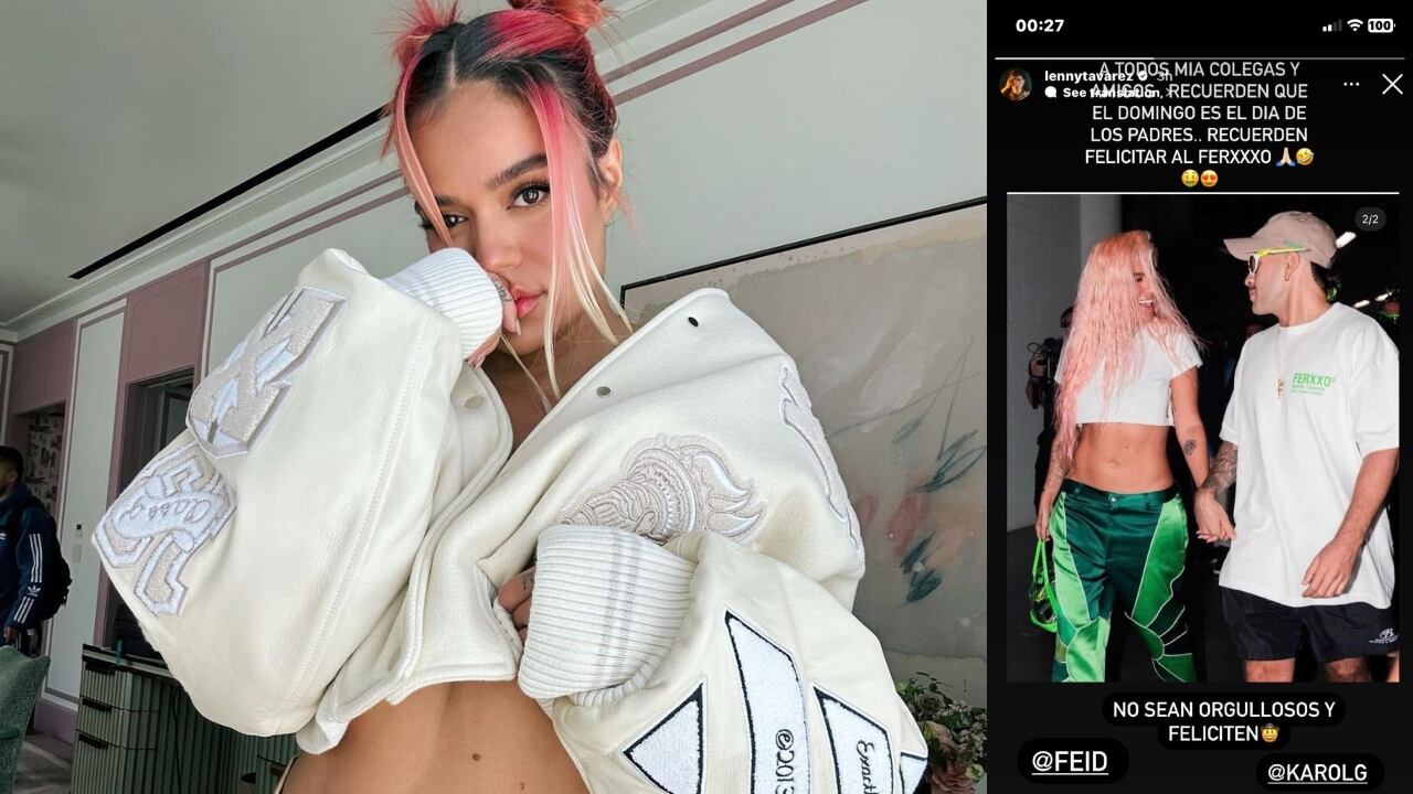 Collage. A la izquierda imagen frontal de Karol G mostrando su vientre. A la derecha, captura de pantalla de publicación de Lenny Tavarez.