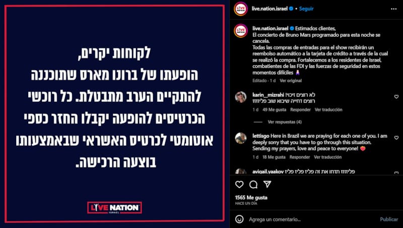 Así anunció Live Nation Israel la cancelación del show de Bruno Mars en Tel Aviv.