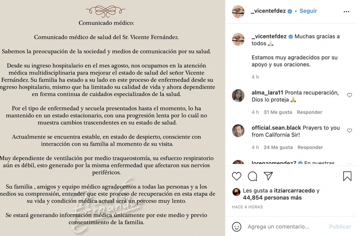 Calidad de vida de Vicente Fernández es “limitada”, asegura reporte médico oficial