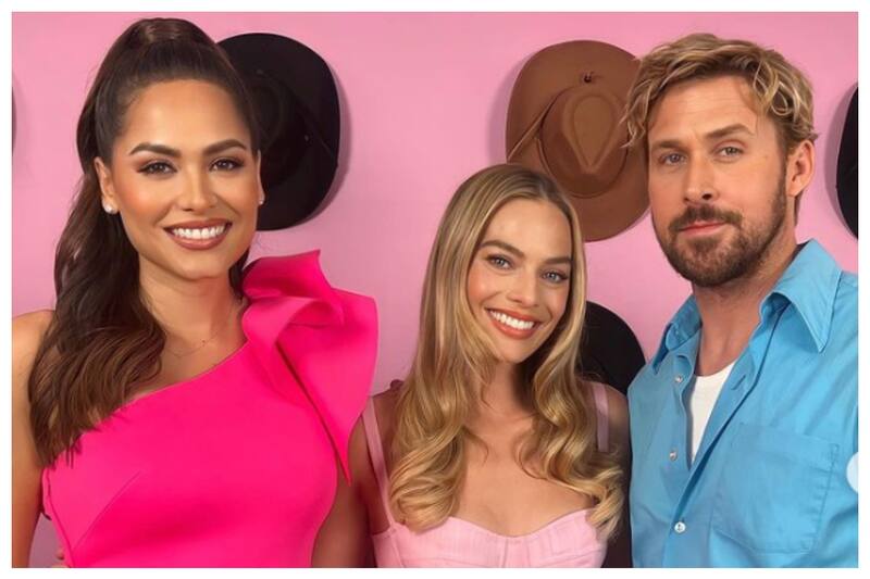 La mexicana junto a Margot Robbie y Ryan Gosling, protagonistas de la película Barbie que se estrena esta semana en casi toda Latinoamérica.