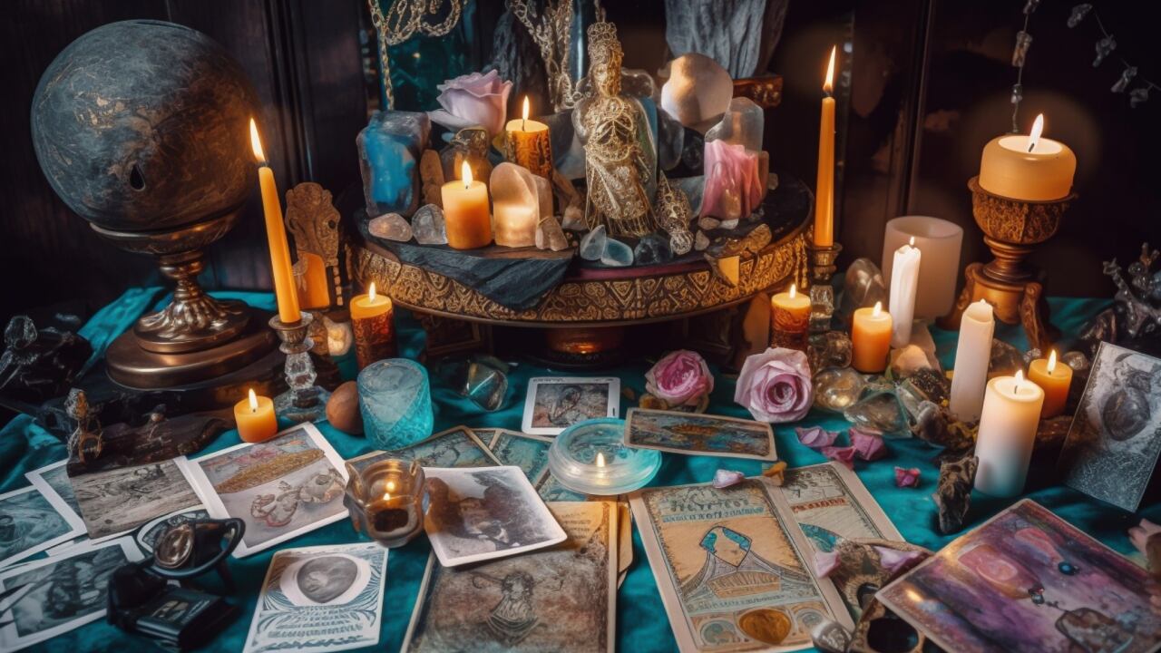 Un altar con gemas, velas encendidas y flores tiene frente a él, desplegada, una lectura de cartas del tarot, sobre un mantel color turquesa.