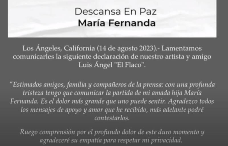 Fragmento del comunicado por el deceso de la hija de 21 años de Luis Ángel "El Flaco".