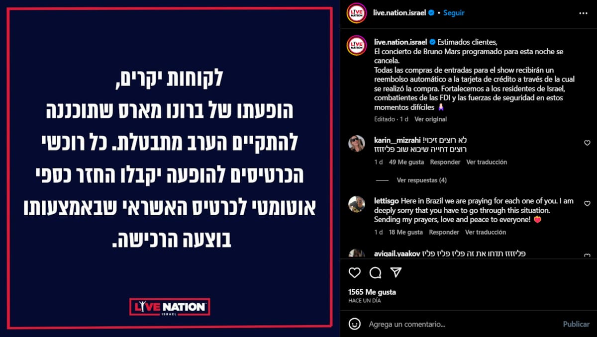 Así anunció Live Nation Israel la cancelación del show de Bruno Mars en Tel Aviv.