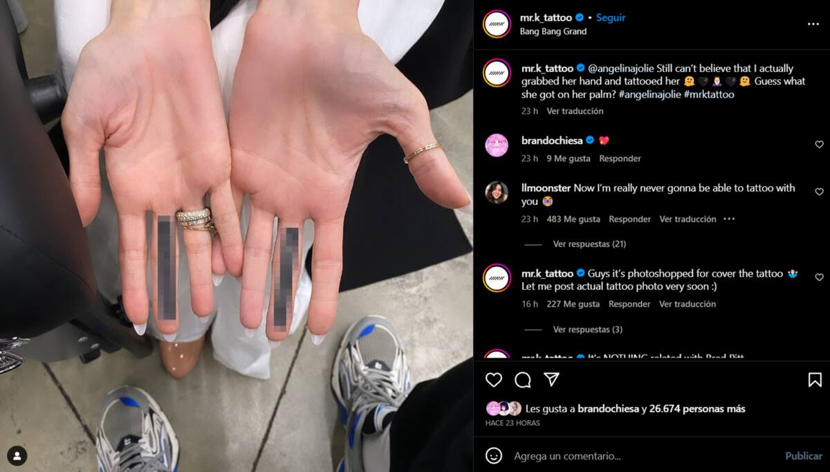 El tatuador instó a sus seguidores a adivinar de qué se trata el diseño de los dedos medios de Angelina.