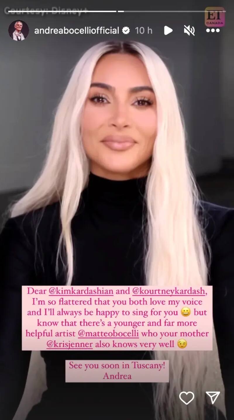 Publicación de Andrea Bocelli donde expresa su agradecimiento a las hermanas Kardashian. | Instagram
