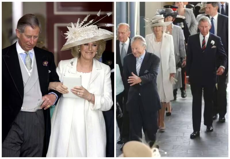 A la izquierda, la reina Camila con el rey Carlos en el día de su matrimonio. A la derecha, la reina Camila vestida de blanco en la Asamblea Nacional de Gales de 2007.