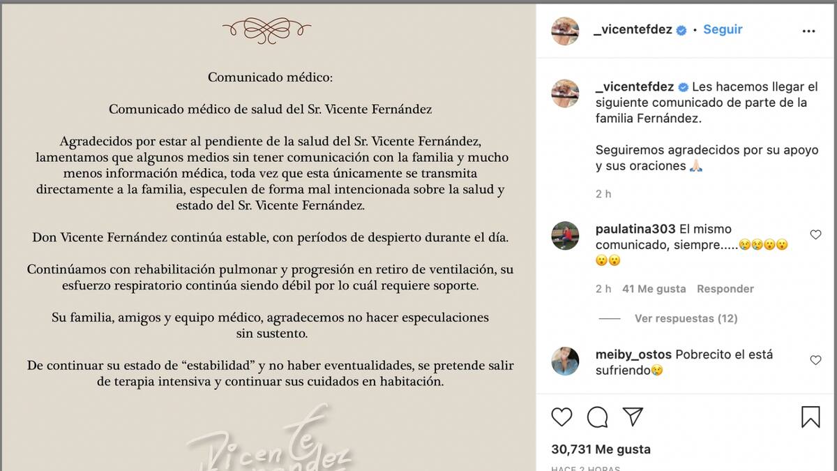Vicente Fernández podría salir de la terapia intensiva, reporte médico al 19 de octubre