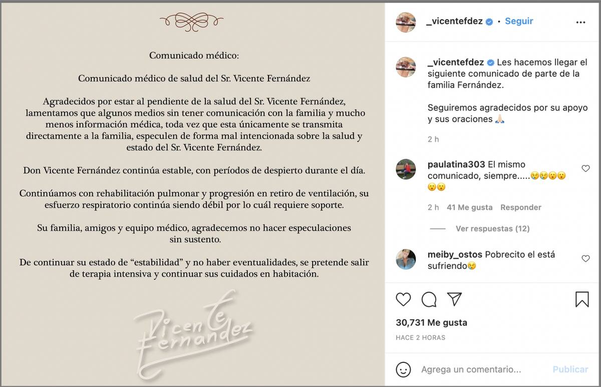 Vicente Fernández podría salir pronto de terapia intensiva. - Créditos: Instagram @_vicentefdez