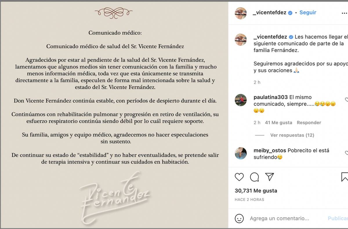 Vicente Fernández podría salir de la terapia intensiva, reporte médico al 19 de octubre