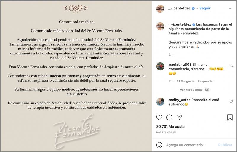 Vicente Fernández podría salir pronto de terapia intensiva. - Créditos: Instagram @_vicentefdez