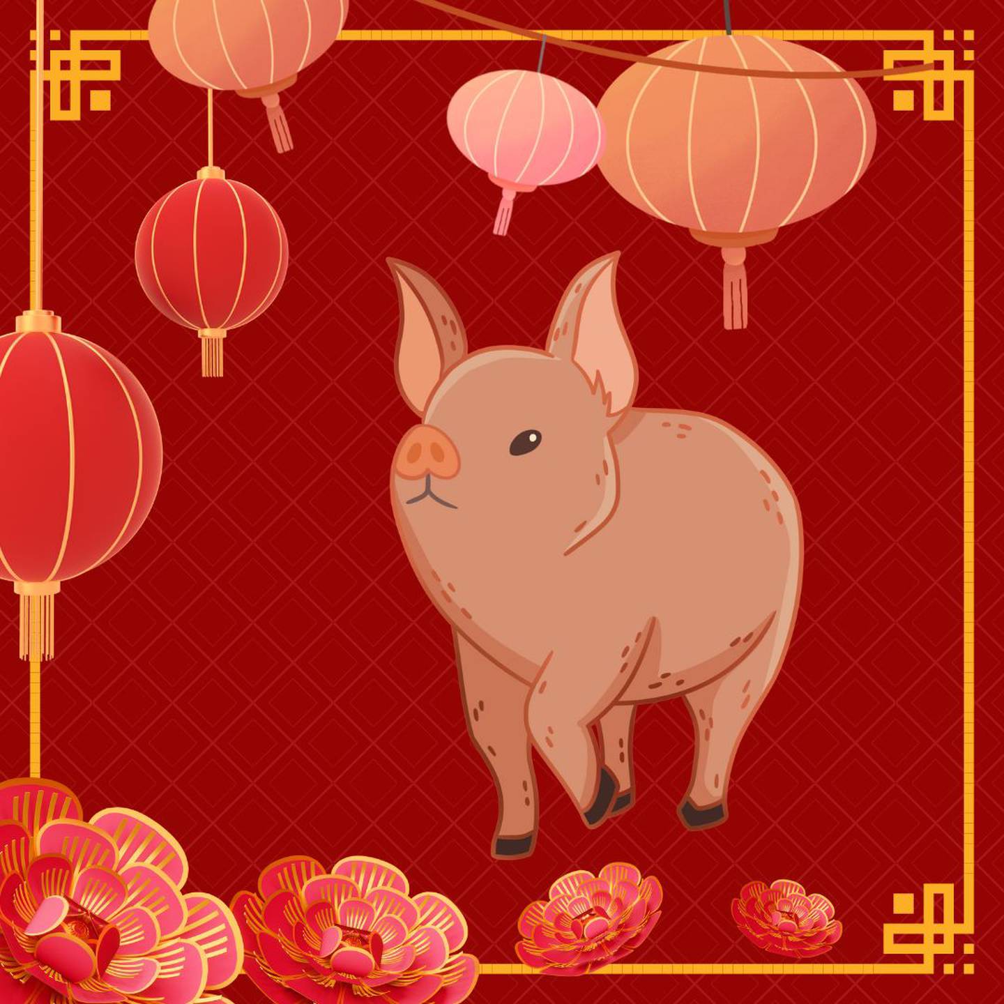 Caricatura de un cerdo sobre un fondo rojo con motivos orientales.
