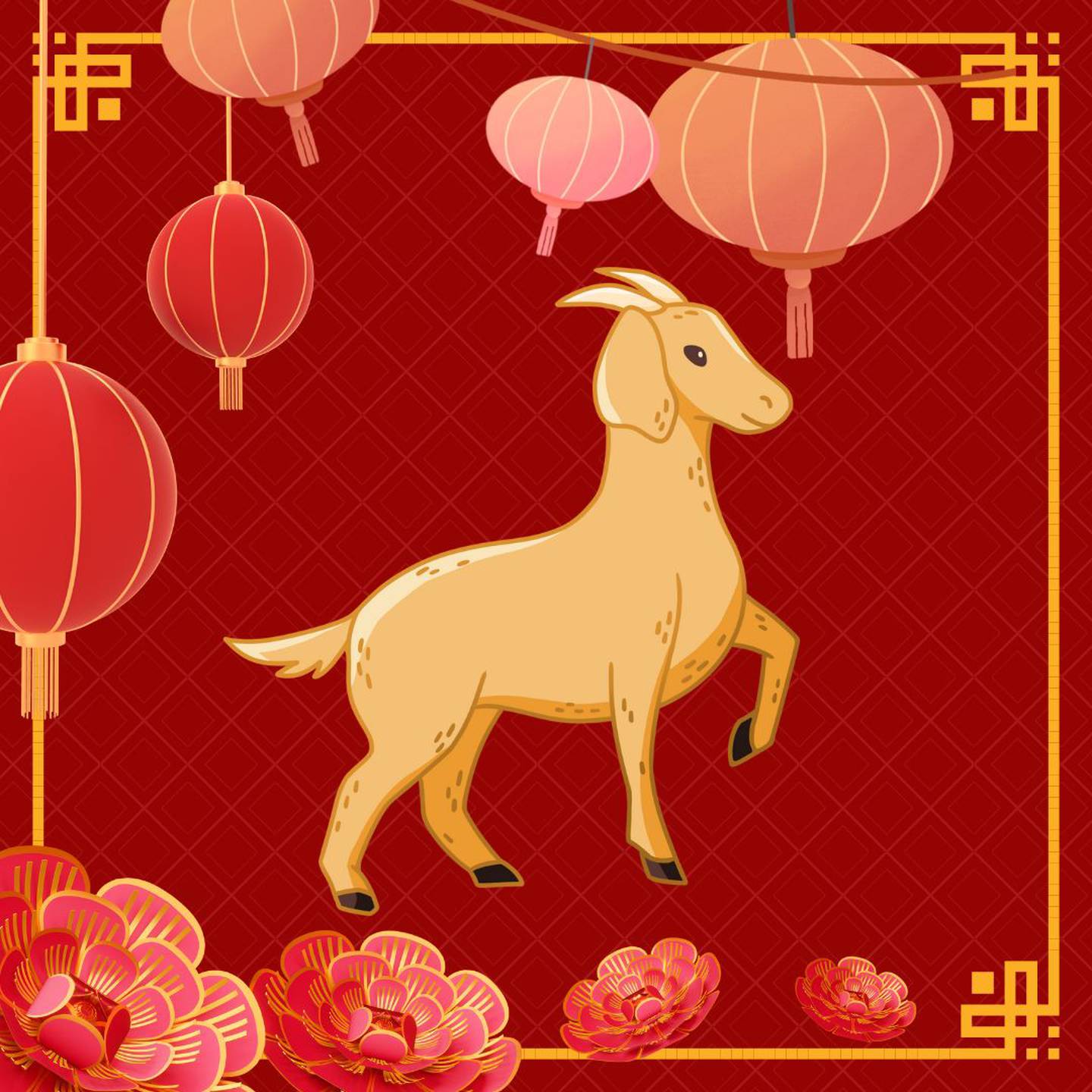Caricatura de una cabra sobre un fondo rojo con motivos decorativos orientales